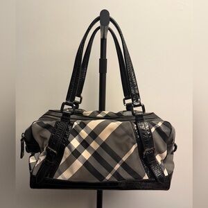 Burberry Black Beat Check Nylon and Patent Leather Buckle Satchel
